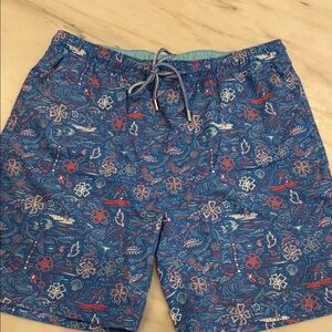Peter Millar Blue and Red Patterned Swim Trunks